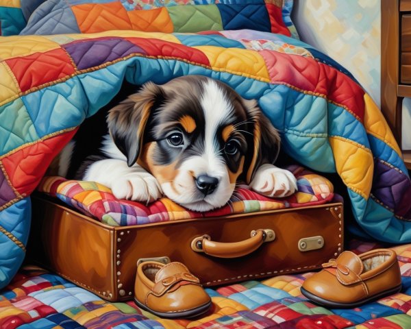 Puppy in Suitcase Under Colorful Quilt Scene