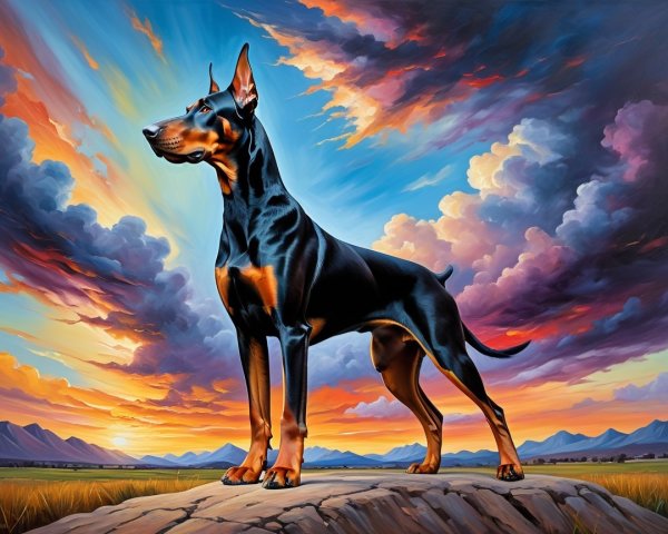 Doberman Dog on Rock Against Vibrant Sunset Sky