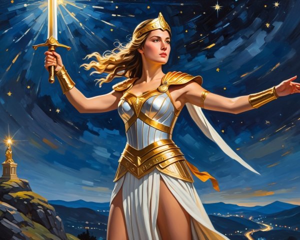 Female Warrior in Armor with Glowing Sword at Night