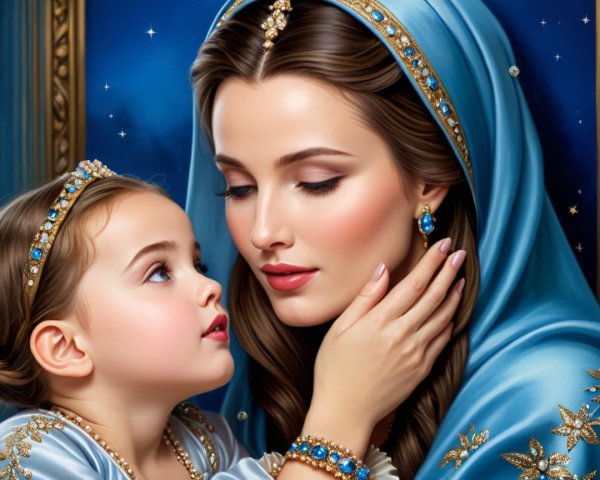 Tender Moment Between Woman and Young Girl in Elegant Attire