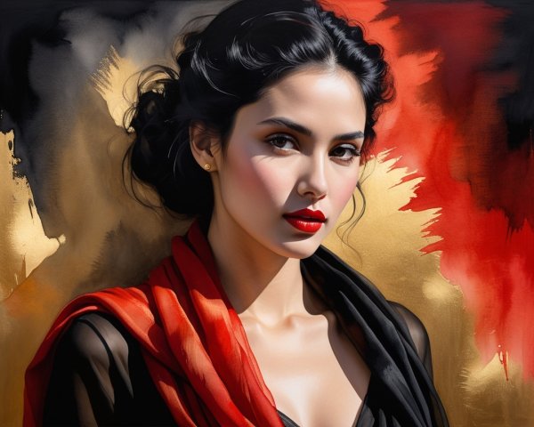 Portrait of a Woman with Elegant Dark Hair and Scarf