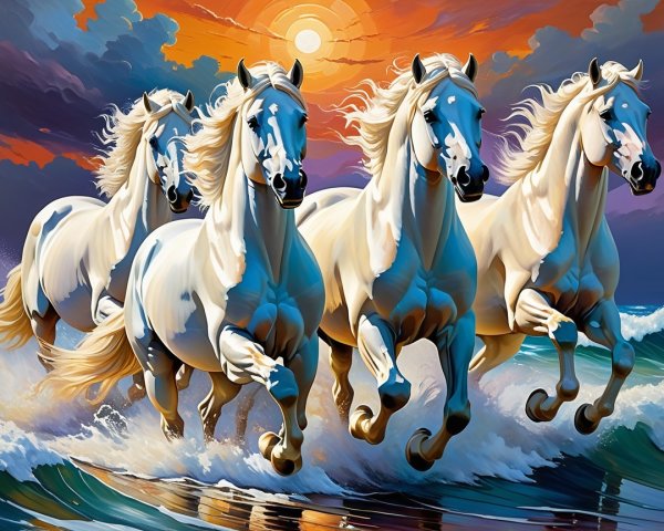 Majestic White Horses Galloping Through Ocean Waves