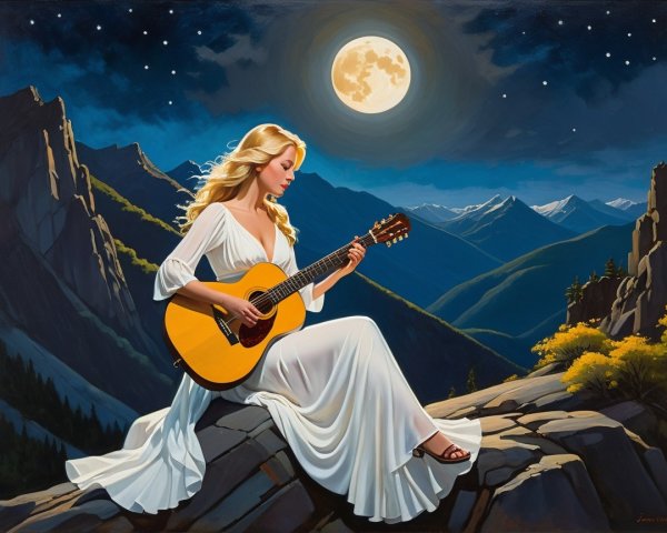 Serene Woman Playing Guitar Under Moonlit Sky