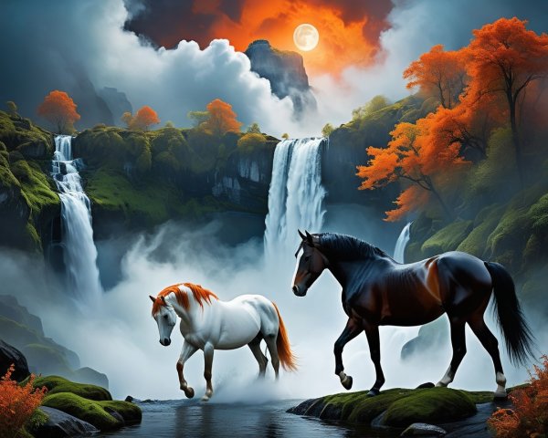 Horses by River in Mystical Autumn Landscape