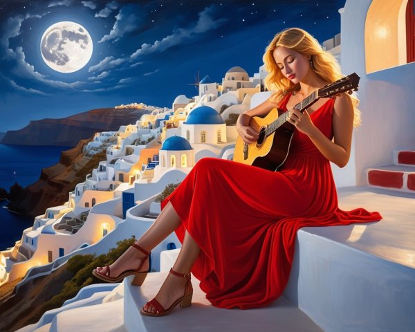 Moonlit Scene in Santorini with Guitar Music