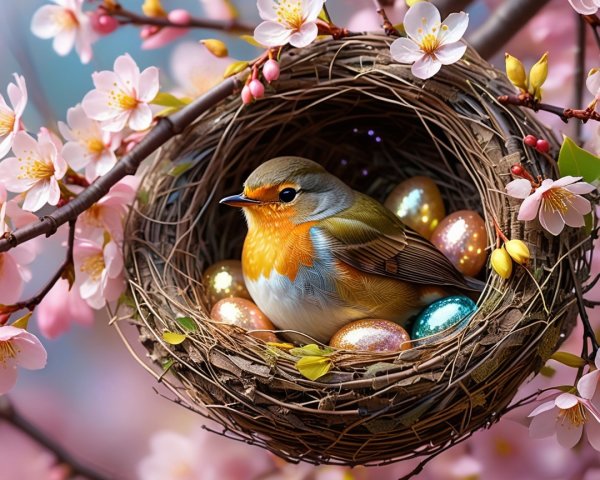 Bird in Nest Among Cherry Blossoms and Pastel Eggs