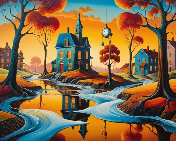 Surreal Landscape with Blue House and Colorful Trees