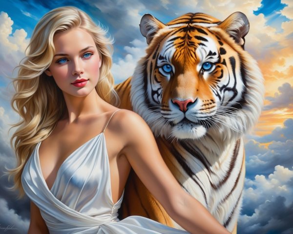 Portrait of a Woman and Tiger Against Sunset Sky