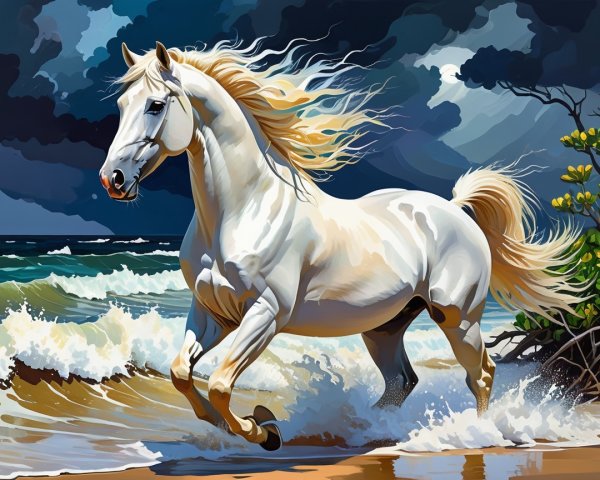 Majestic White Horse Galloping on Vibrant Beach Waves
