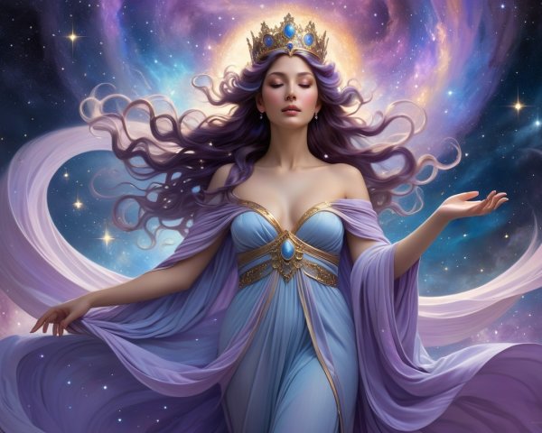 Majestic figure in lavender gown against cosmic backdrop