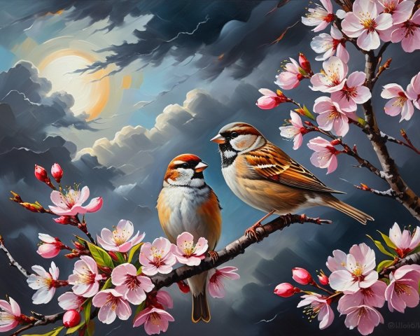 Sparrows on Cherry Blossom Branch Against Dramatic Sky