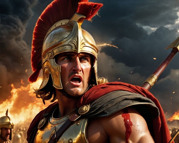 Warrior in Bronze Helmet on Chaotic Battlefield