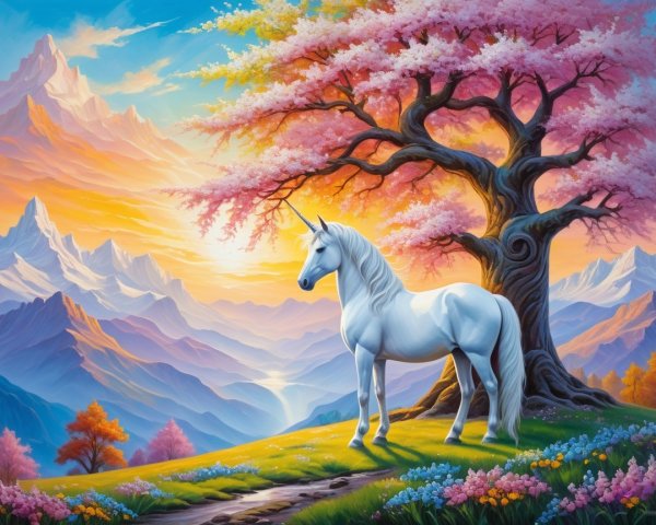 Majestic white unicorn beneath a pink blossoming tree