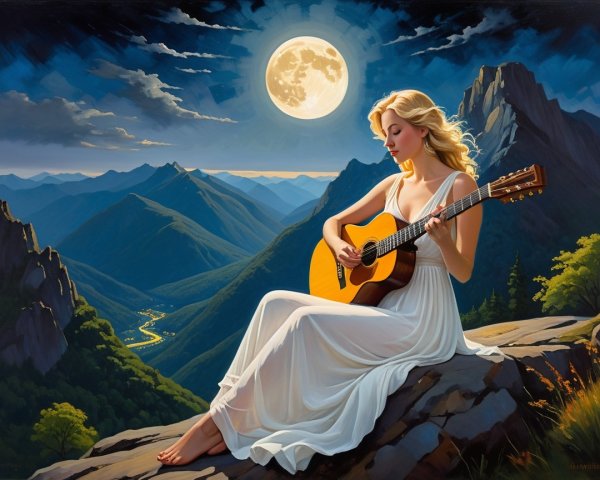 Young Woman in White Dress Playing Guitar in Mountains