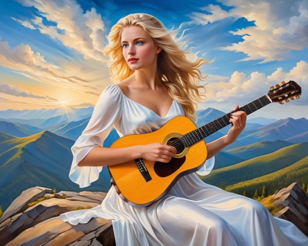 Serene Landscape with Woman Playing Guitar at Sunset