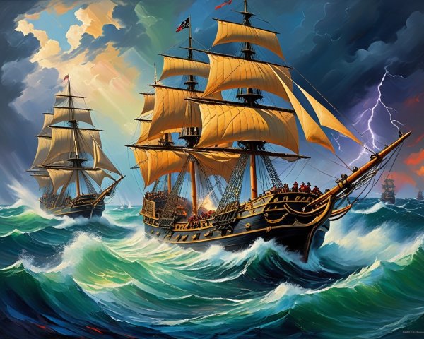 Sailing Ships in Stormy Seas with Dramatic Skies