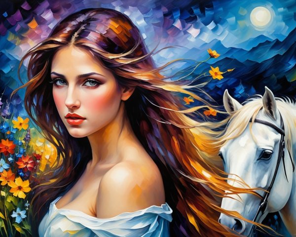 Young Woman with Horse in Floral Landscape Painting