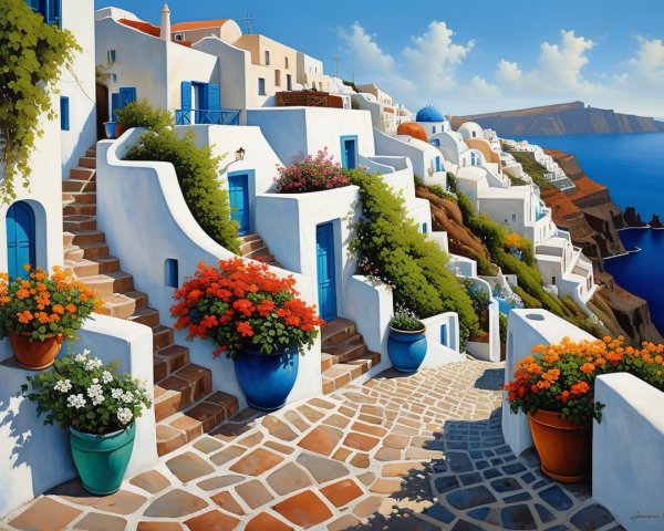 Sunlit Pathway in Santorini with Whitewashed Buildings