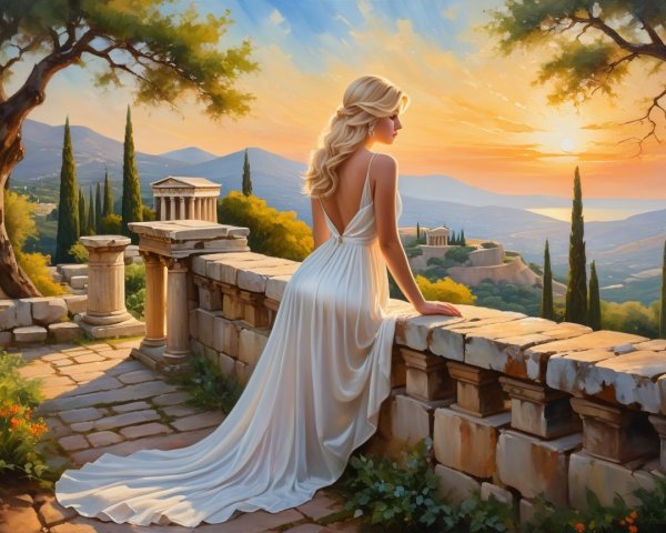 Woman in White Dress at Sunset Over Scenic Landscape