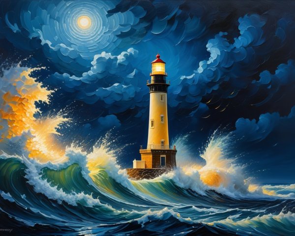 Dramatic Lighthouse Against Tumultuous Sea and Sky