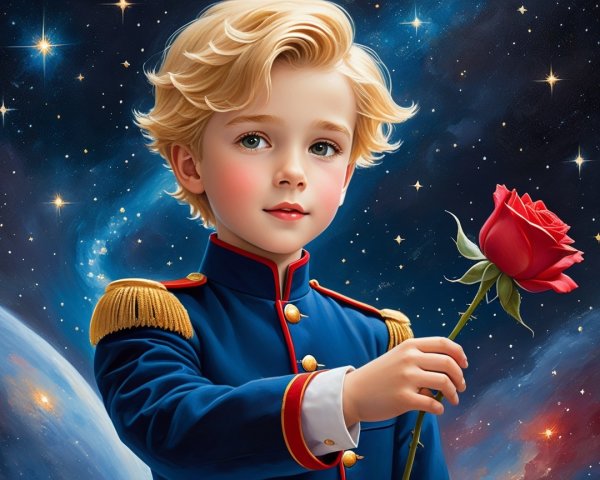 Young boy in blue uniform with red rose in cosmos