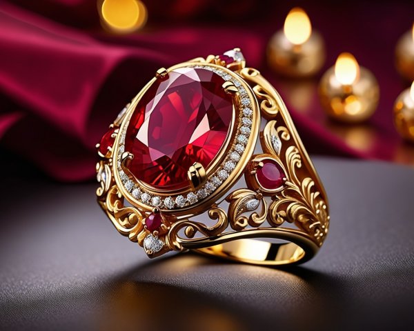 Elegant gold ring with red gemstone and floral designs