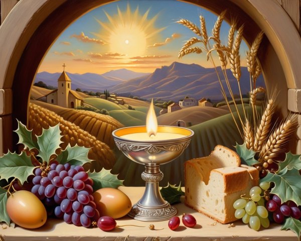 Serene Landscape with Candle and Abundant Feast