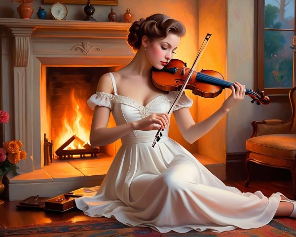Young Woman in White Dress Playing Violin by Firelight