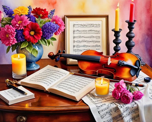 Elegant Tabletop with Flowers and Musical Elements