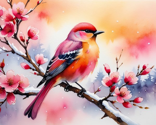 Watercolor Painting of a Bird on a Blossom Branch