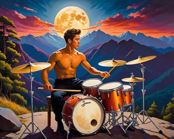 Muscular Drummer on Rocky Ledge with Moonlit Landscape