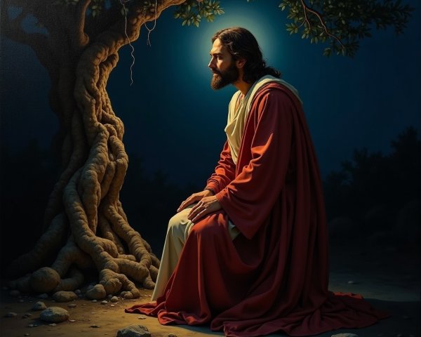 Serene Figure in Red Robe Under Ancient Tree
