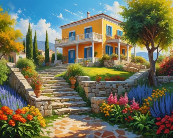 Bright Yellow House Surrounded by Colorful Garden