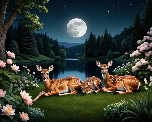 Night Scene with Deer by a Tranquil Lake