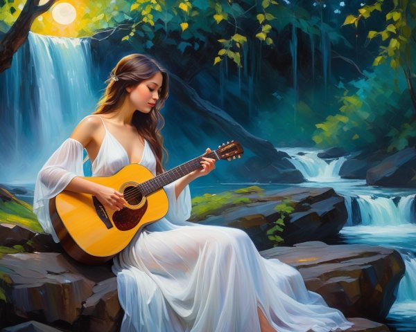 Young Woman Playing Guitar by a Tranquil Waterfall