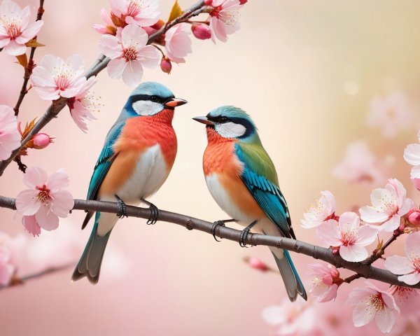 Vibrant Birds on Cherry Blossom Branch in Spring