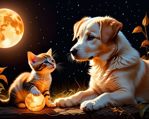 Golden Retriever and Kitten Under Starry Night Sky