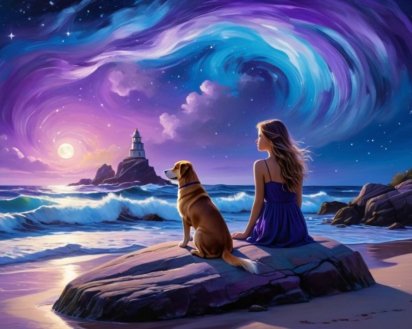 Coastal Dusk Scene with Girl, Dog, and Lighthouse
