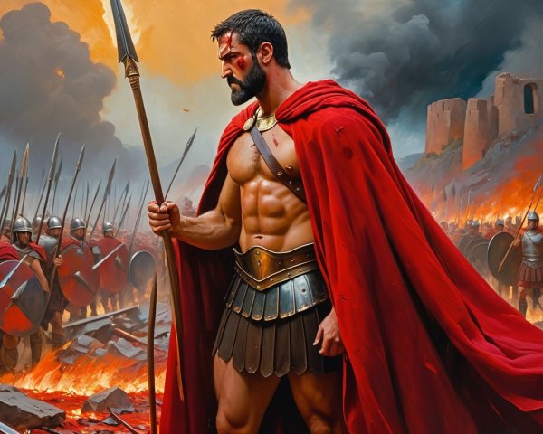 Muscular Warrior on Battlefield with Soldiers and Flames
