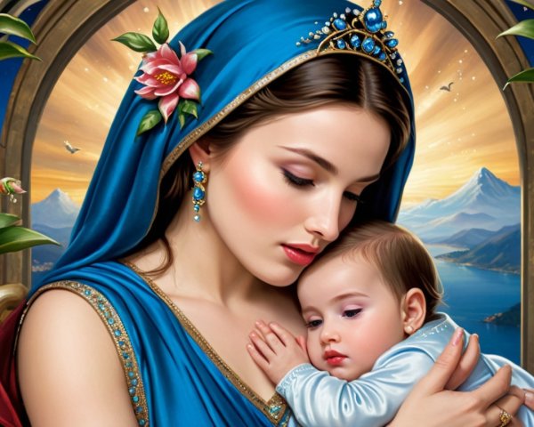 Mother and Infant in Serene Sunrise Setting