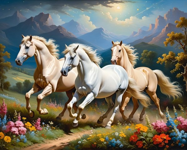 Three Horses Galloping in a Vibrant Meadow Landscape