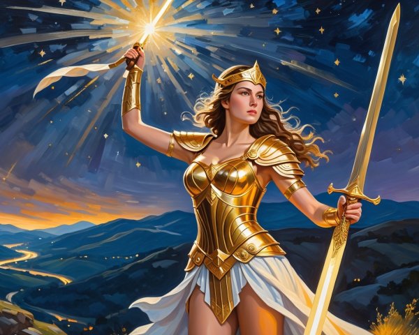 Heroic Figure in Golden Armor Against Starry Sky