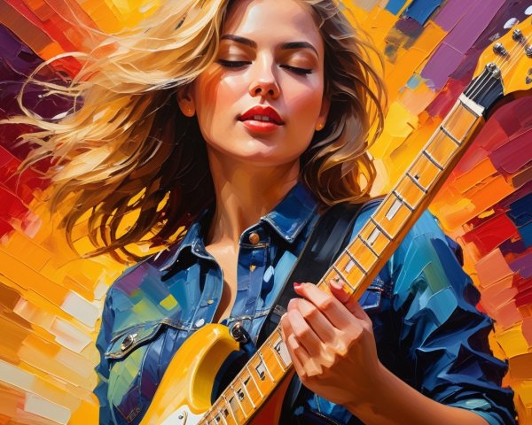 Young woman playing electric guitar in vibrant setting