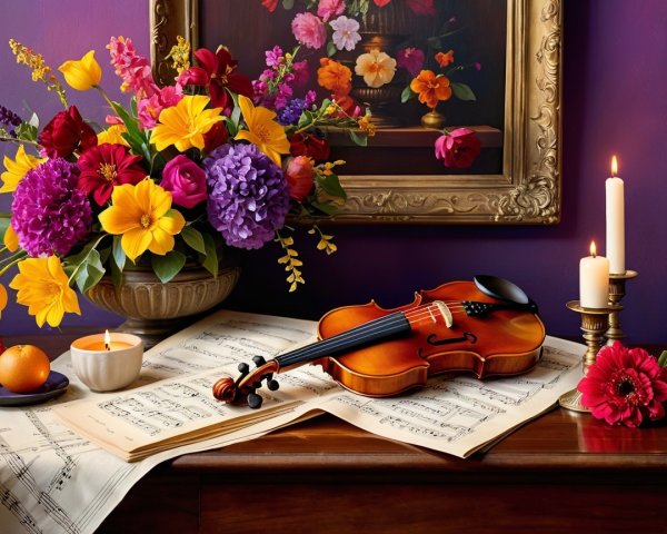 Vibrant Floral Arrangement with Violin and Candle