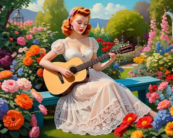 Young Woman with Red Hair in Colorful Garden Scene