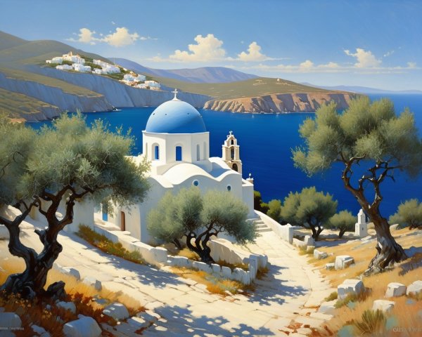 Mediterranean Coastal Scene with Church and Olive Trees