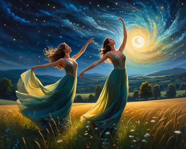 Ethereal Figures Dancing in a Moonlit Meadow