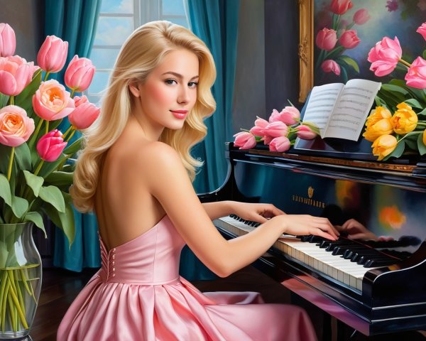 Young Woman in Pink Dress Playing Grand Piano