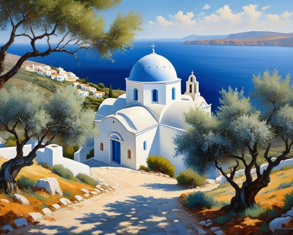 Traditional Church by the Seaside with Olive Trees