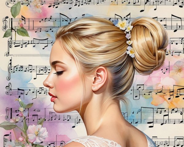 Serene Portrait of a Young Woman with Floral Hairstyle